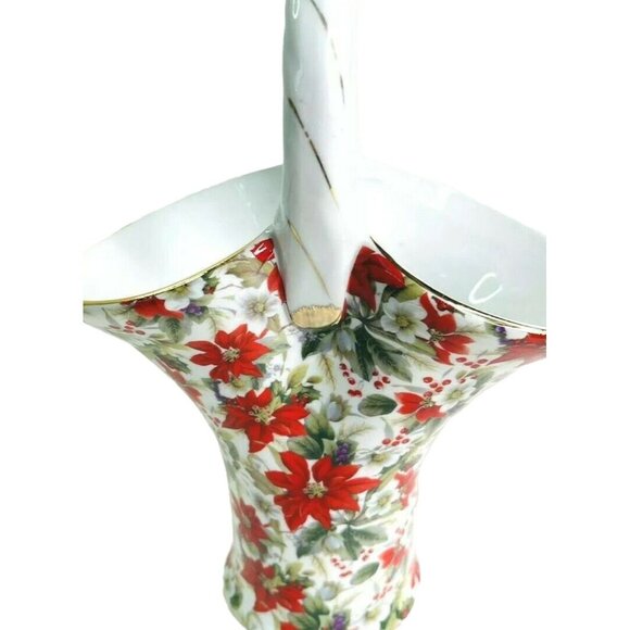 Christmas Basket Vase Poinsettia Ceramic Chintz Formalities Baum Bros 9.5" x 7" - Picture 2 of 8